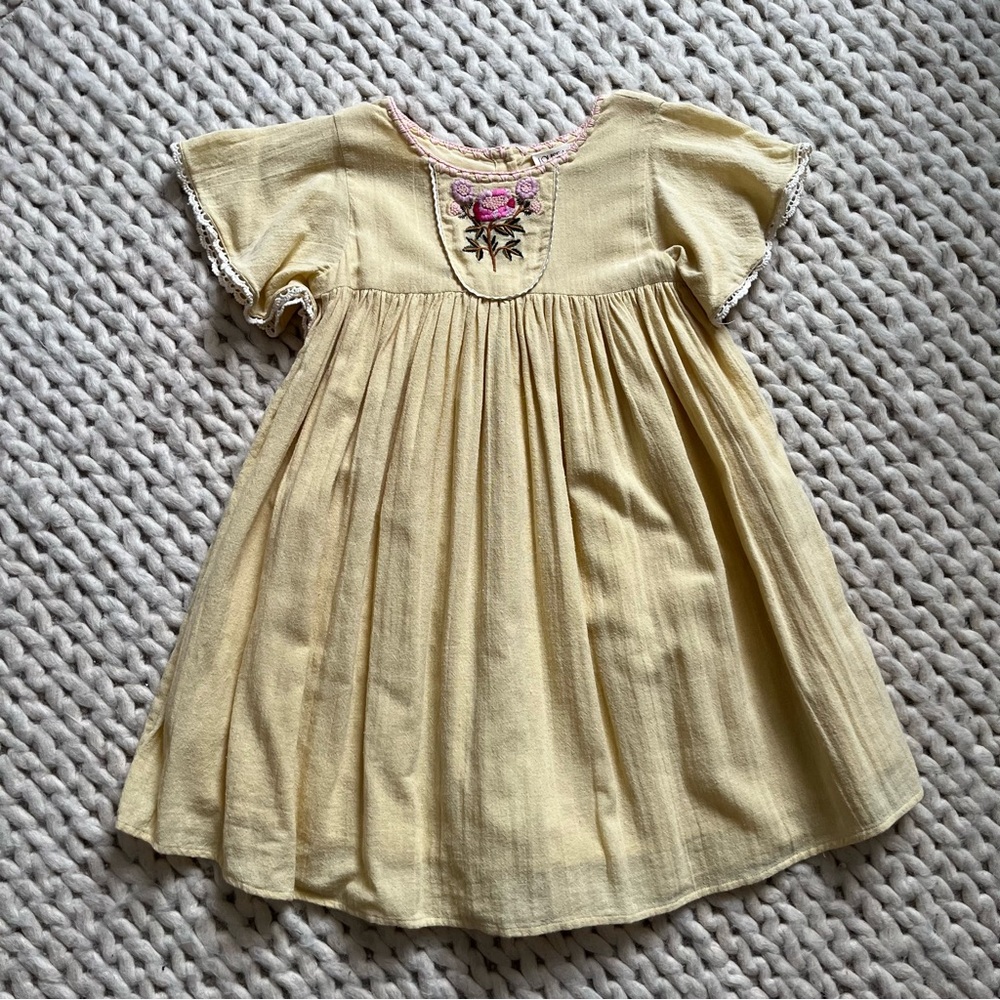 Floral Embroidery Organic Yellow Kids Dress Louise Misha | 6T